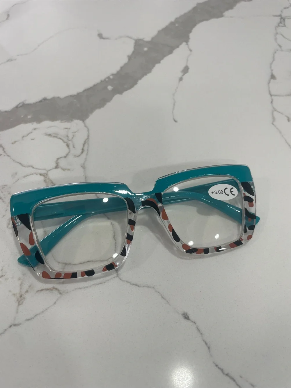 Teal Patterned Reading Glasses +3.00 Strength